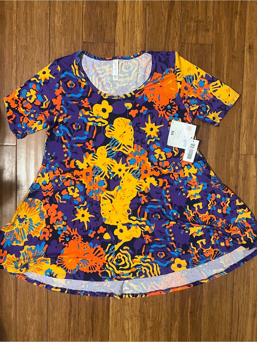 LuLaRoe Perfect TShort-Sleeve Floral Swing Top - Purple, Yellow & Orange